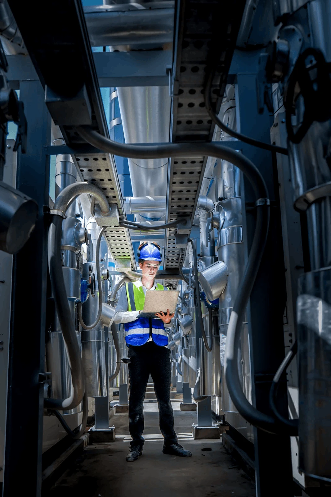 Maxum Air Facility Technician Maxum Air engineer inspecting air blow-off equipment in a manufacturing facility